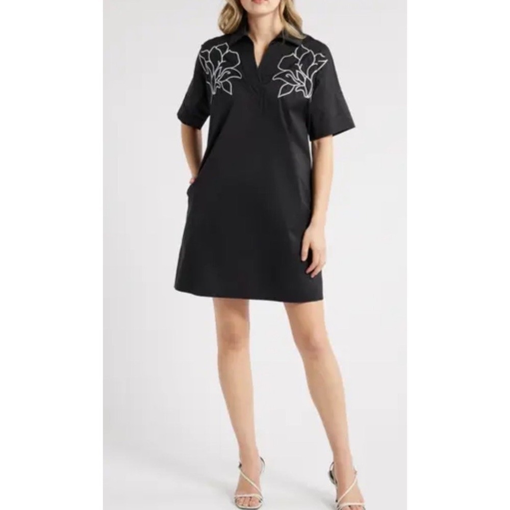 MING WANG Embroidered Cotton Blend Shirtdress $195 2XL XXL Black White NEW TAGS
